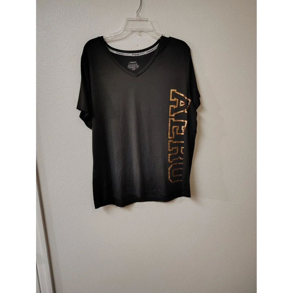 Aeropostale Sport Womens V-Neck Activewear T-Shirt Black Gold Graphic‎ XL